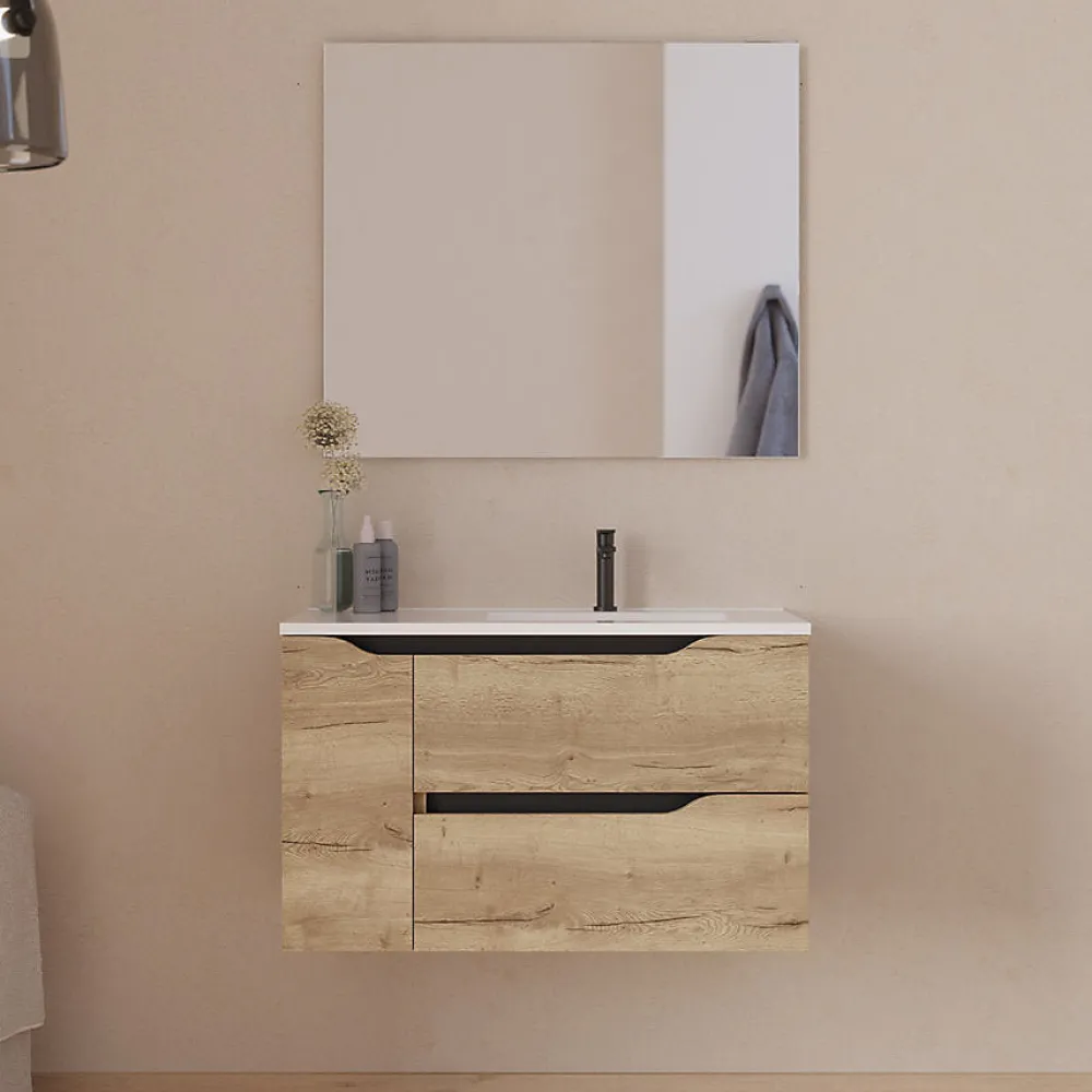 Cosyneo Meuble sous vasque seul, 2 tiroirs et 1 porte, 80cm, vasque déportée droite - madera miel (bois clair) - ZARZA