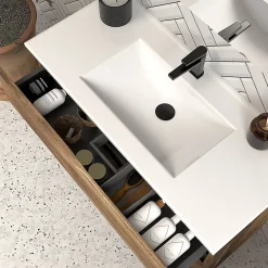 Meuble Sous Lavabo|Cosyneo Meuble sous vasque seul, 3 tiroirs, 90cm, simple vasque - tabaco (chêne foncé) - MATA