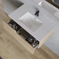 Meuble Sous Lavabo|Cosyneo Meuble sous vasque seul, 1 tiroir, 80cm, simple vasque - madera miel (chêne clair) - CADIX