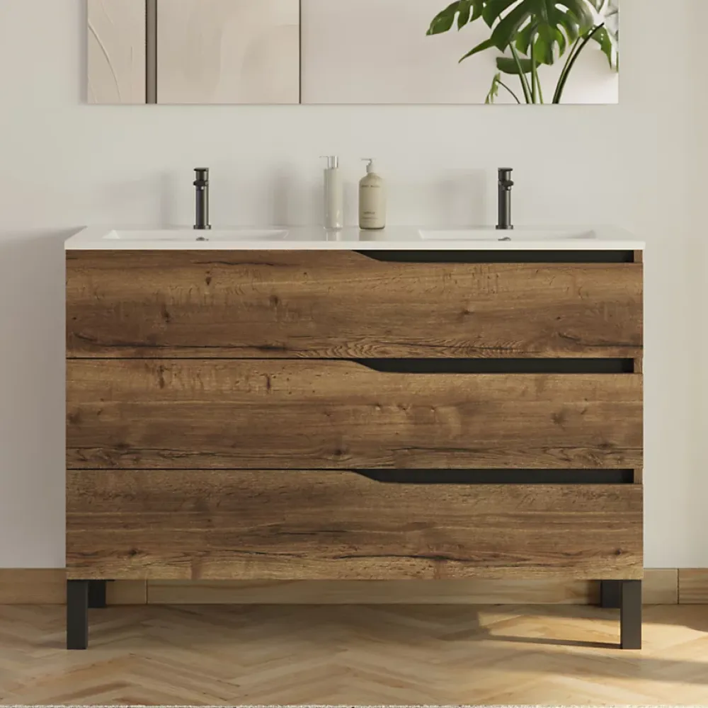 Cosyneo Meuble sous vasque seul, 3 tiroirs, 120cm, double vasque - tabaco (chêne foncé) - MATA