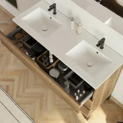 Cosyneo Meuble sous vasque seul, 3 tiroirs, 120cm, double vasque - tabaco (chêne foncé) - MATA