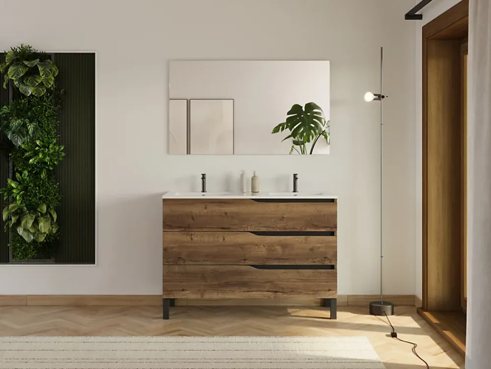 Cosyneo Meuble sous vasque seul, 3 tiroirs, 120cm, double vasque - tabaco (chêne foncé) - MATA