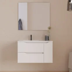Cosyneo Meuble sous vasque seul, 2 tiroirs et 1 porte, 80cm, vasque déportée gauche - blanc mat - ZARZA