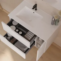 Cosyneo Meuble sous vasque seul, 2 tiroirs et 1 porte, 80cm, vasque déportée gauche - blanc mat - ZARZA