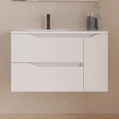Cosyneo Meuble sous vasque seul, 2 tiroirs et 1 porte, 80cm, vasque déportée gauche - blanc mat - ZARZA