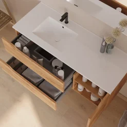 Cosyneo Meuble sous vasque seul, 2 tiroirs et 1 porte, 120cm, vasque déportée gauche - roble (bois clair) - ZARZA