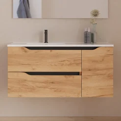 Meuble Sous Lavabo|Cosyneo Meuble sous vasque seul, 2 tiroirs et 1 porte, 100cm, vasque déportée gauche - roble (bois clair) - ZARZA