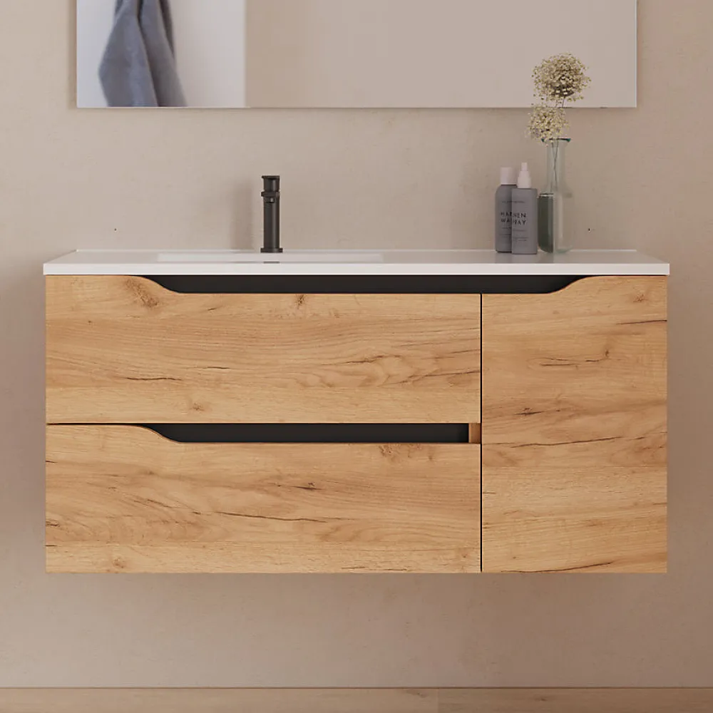 Meuble Sous Lavabo|Cosyneo Meuble sous vasque seul, 2 tiroirs et 1 porte, 100cm, vasque déportée gauche - roble (bois clair) - ZARZA