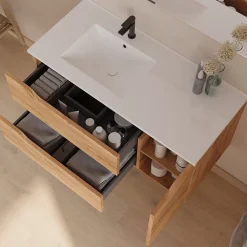 Meuble Sous Lavabo|Cosyneo Meuble sous vasque seul, 2 tiroirs et 1 porte, 100cm, vasque déportée gauche - roble (bois clair) - ZARZA