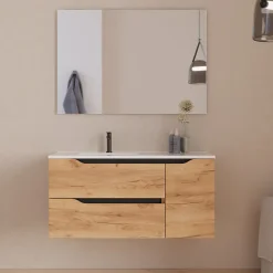 Meuble Sous Lavabo|Cosyneo Meuble sous vasque seul, 2 tiroirs et 1 porte, 100cm, vasque déportée gauche - roble (bois clair) - ZARZA