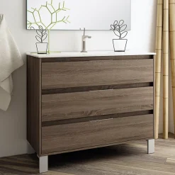 Meuble Sous Lavabo|Cosyneo Meuble sous vasque seul, 3 tiroirs, 100cm, simple vasque - britannia (chêne foncé) - TIRIS