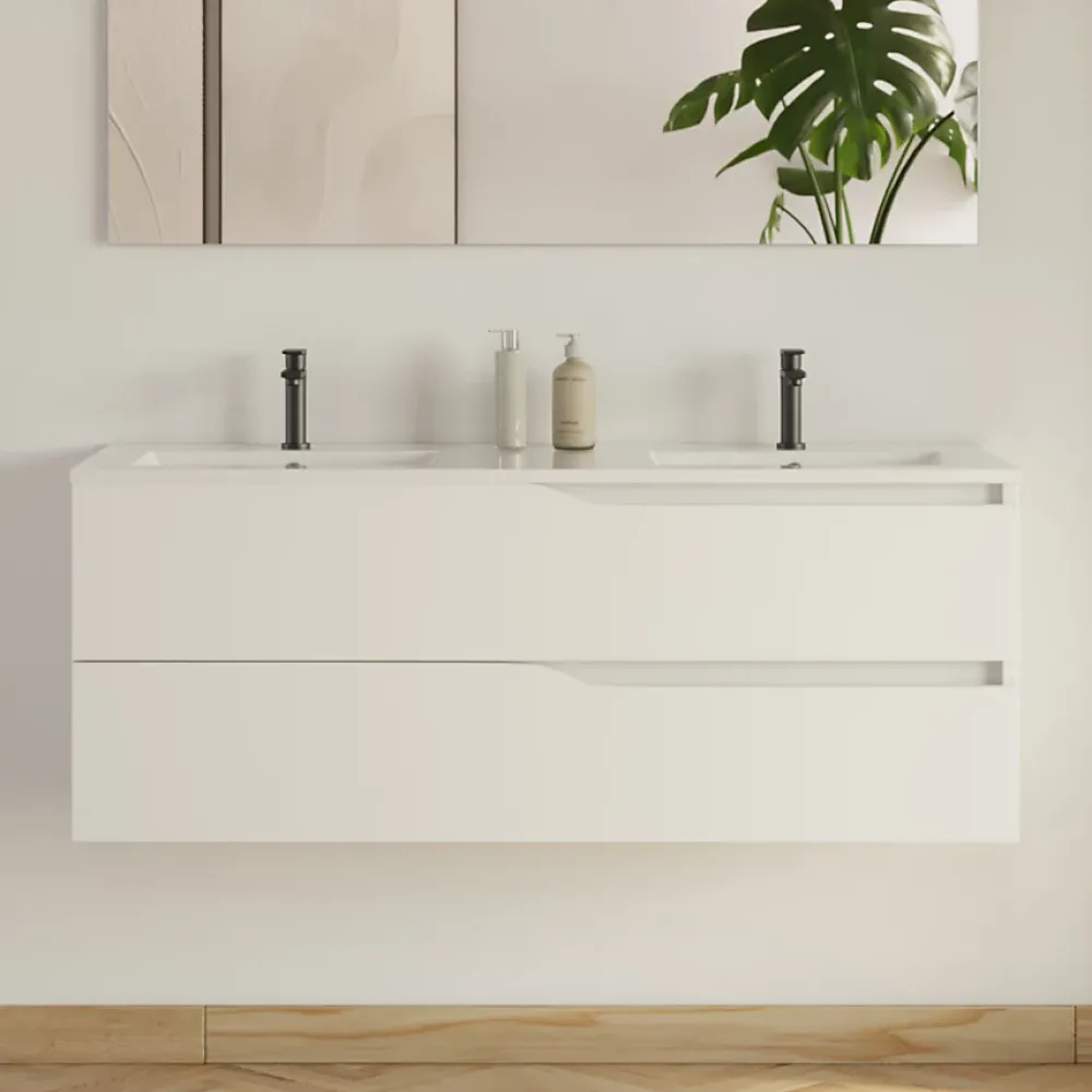 Cosyneo Meuble sous vasque seul, 2 tiroirs, 120cm, double vasque - blanc mat - LUNA