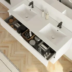 Cosyneo Meuble sous vasque seul, 2 tiroirs, 120cm, double vasque - blanc mat - LUNA