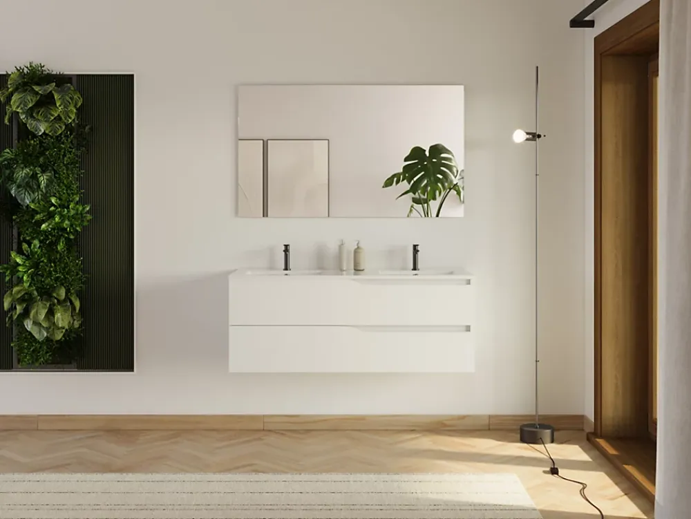 Cosyneo Meuble sous vasque seul, 2 tiroirs, 120cm, double vasque - blanc mat - LUNA