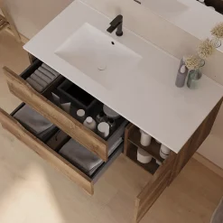 Meuble Sous Lavabo|Cosyneo Meuble sous vasque seul, 2 tiroirs et 1 porte, 100cm, vasque déportée gauche - tabaco (bois foncé) - ZARZA