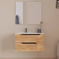 Cosyneo Meuble sous vasque seul, 2 tiroirs et 1 porte, 80cm, vasque déportée gauche - roble (bois clair) - ZARZA