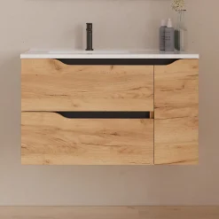 Cosyneo Meuble sous vasque seul, 2 tiroirs et 1 porte, 80cm, vasque déportée gauche - roble (bois clair) - ZARZA