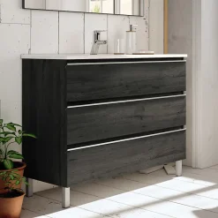 Meuble Sous Lavabo|Cosyneo Meuble sous vasque seul, 3 tiroirs, 60cm, simple vasque - ebony (bois noir) - PALMA