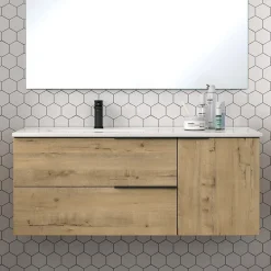 Cosyneo Meuble sous vasque seul, 2 tiroirs et 1 porte, 100cm, vasque déportée à gauche, roble (chêne clair) - KING