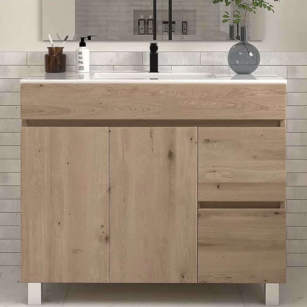 Cosyneo Meuble sous vasque seul, 2 tiroirs et 2 portes, 100cm, simple vasque - cambrian (chêne clair) - HARO
