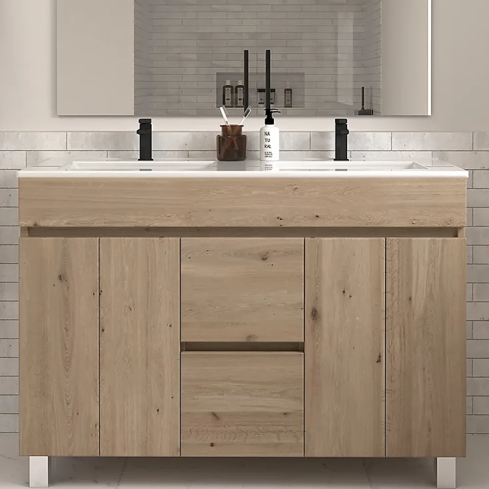 Meuble Sous Lavabo|Cosyneo Meuble sous vasque seul, 2 tiroirs et 4 portes, 120cm, simple vasque - cambrian (chêne clair) - HARO