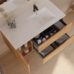 Cosyneo Meuble sous vasque seul, 2 tiroirs et 1 porte, 100cm, vasque déportée droite - roble (bois clair) - ZARZA