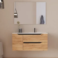 Cosyneo Meuble sous vasque seul, 2 tiroirs et 1 porte, 100cm, vasque déportée droite - roble (bois clair) - ZARZA