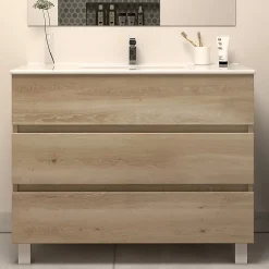 Meuble Sous Lavabo|Cosyneo Meuble sous vasque seul, 3 tiroirs, 100cm, simple vasque - nebraska (chêne clair) - MAYOR
