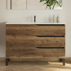 Cosyneo Meuble sous vasque seul, 3 tiroirs, 120cm, simple vasque - tabaco (chêne foncé) - MATA