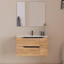 Cosyneo Meuble sous vasque seul, 2 tiroirs et 1 porte, 80cm, vasque centrée - roble (bois clair) - ZARZA