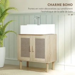 Meuble Sous-Vasque|Homcom Meuble sous vasque style bohème - 2 portes, étagère - effet rotin bois clair
