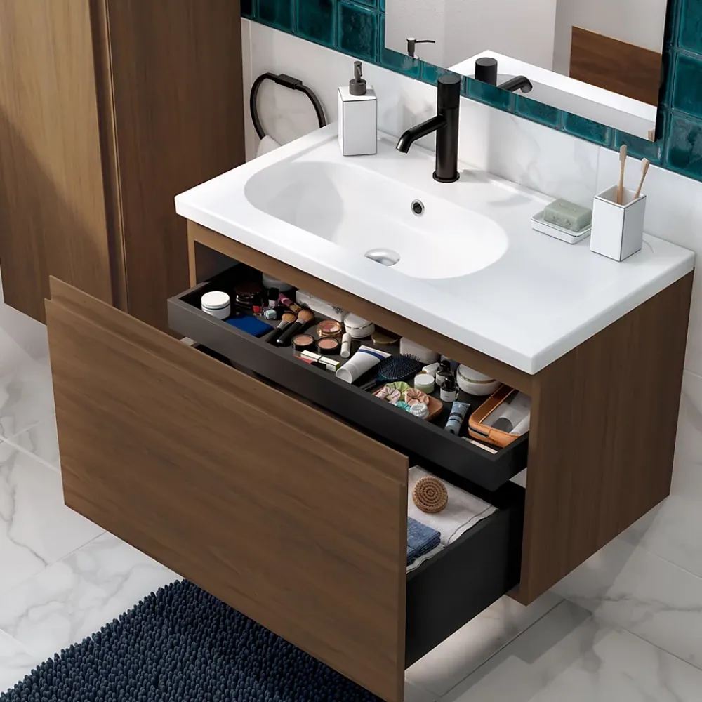 Meuble Sous-Vasque|GoodHome Meuble sous vasque suspendu effet noyer 2 tiroirs l.80 x H.48 x P.45 cm Levanna