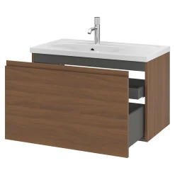 Meuble Sous-Vasque|GoodHome Meuble sous vasque suspendu effet noyer 2 tiroirs l.80 x H.48 x P.45 cm Levanna