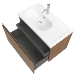 Meuble Sous-Vasque|GoodHome Meuble sous vasque suspendu effet noyer 2 tiroirs l.80 x H.48 x P.45 cm Levanna