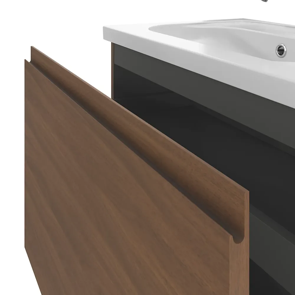 Meuble Sous-Vasque|GoodHome Meuble sous vasque suspendu effet noyer 2 tiroirs l.80 x H.48 x P.45 cm Levanna