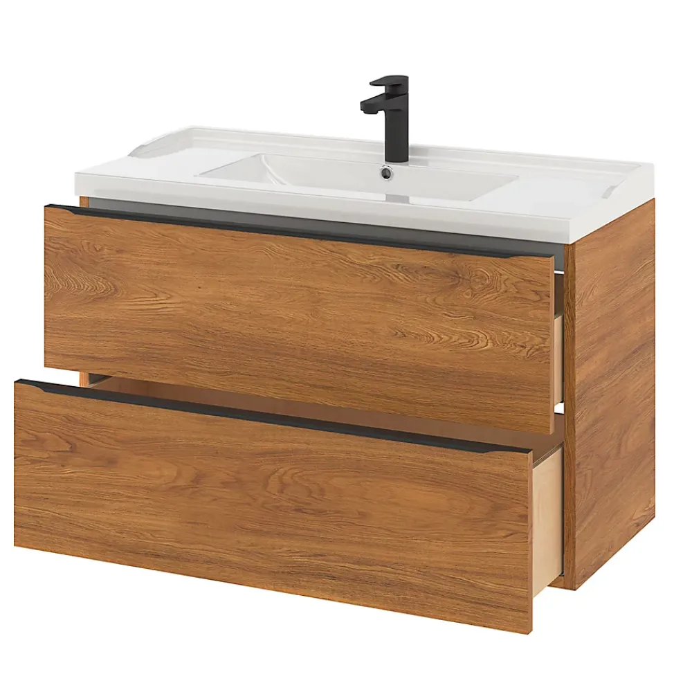 Meuble Buanderie|Meuble De Salle De Bains Faible Profondeur|GoodHome Meuble sous vasque suspendu effet noyer l.100 x H.60 x P.45 cm, Imandra