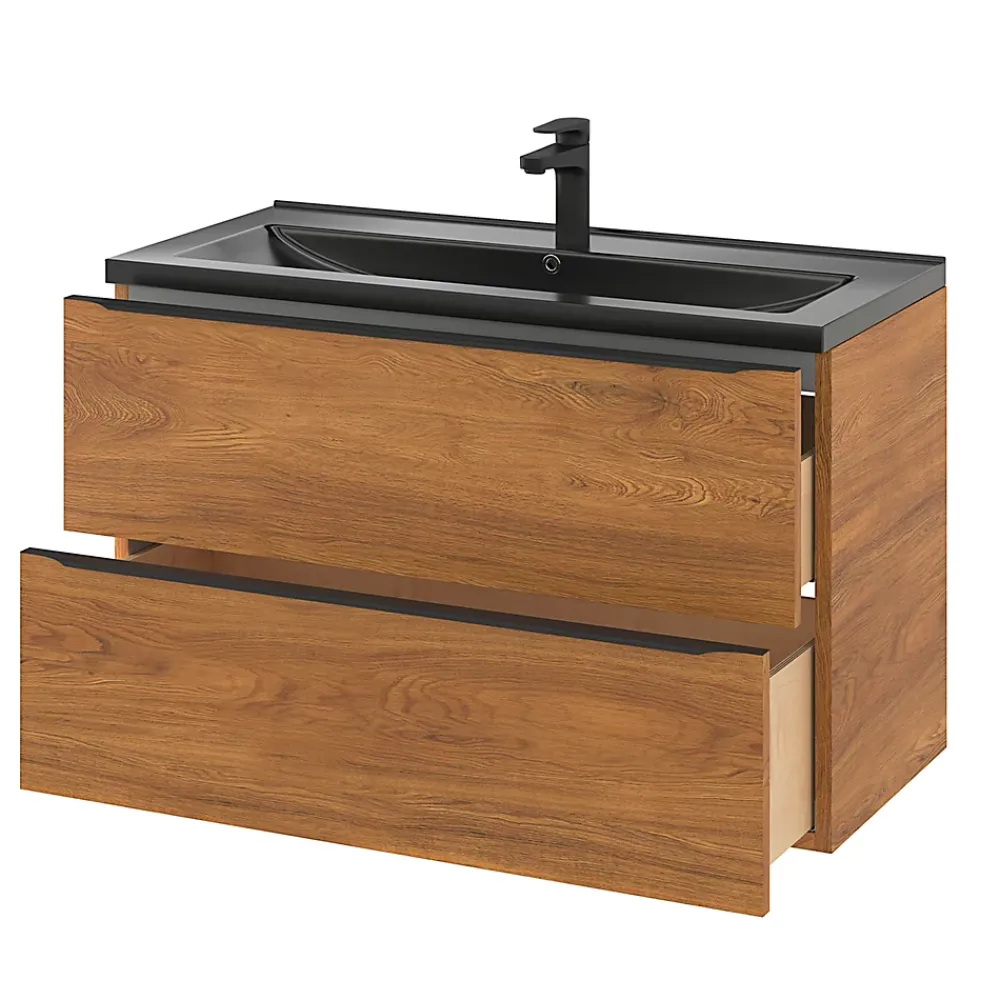 Meuble Buanderie|Meuble De Salle De Bains Faible Profondeur|GoodHome Meuble sous vasque suspendu effet noyer l.100 x H.60 x P.45 cm, Imandra