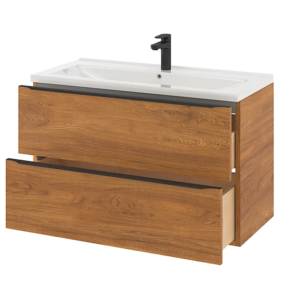 Meuble Buanderie|Meuble De Salle De Bains Faible Profondeur|GoodHome Meuble sous vasque suspendu effet noyer l.100 x H.60 x P.45 cm, Imandra