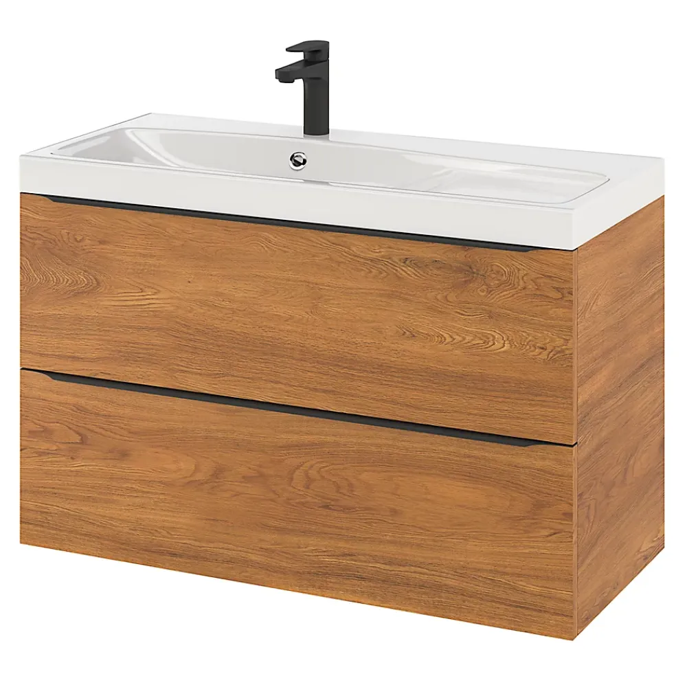 Meuble Buanderie|Meuble De Salle De Bains Faible Profondeur|GoodHome Meuble sous vasque suspendu effet noyer l.100 x H.60 x P.45 cm, Imandra