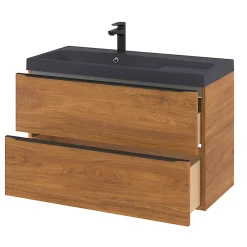 Meuble Buanderie|Meuble De Salle De Bains Faible Profondeur|GoodHome Meuble sous vasque suspendu effet noyer l.100 x H.60 x P.45 cm, Imandra