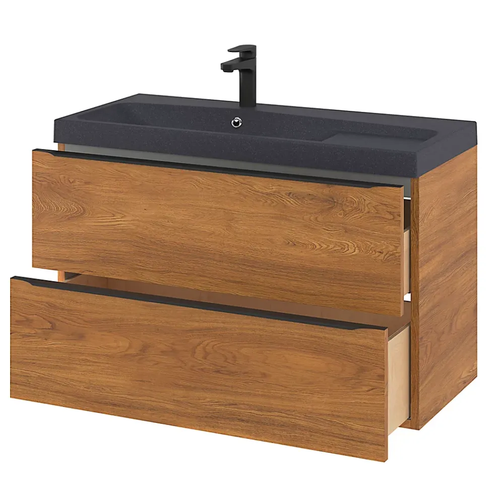 Meuble Buanderie|Meuble De Salle De Bains Faible Profondeur|GoodHome Meuble sous vasque suspendu effet noyer l.100 x H.60 x P.45 cm, Imandra