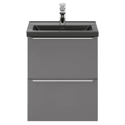 Meuble Buanderie|Meuble Sous-Vasque|GoodHome Meuble sous vasque suspendu faible profondeur gris brillant l.50 x H.60 x P.36 cm, Imandra
