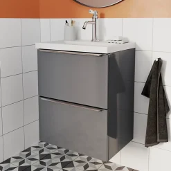 Meuble Buanderie|Meuble Sous-Vasque|GoodHome Meuble sous vasque suspendu faible profondeur gris brillant l.50 x H.60 x P.36 cm, Imandra