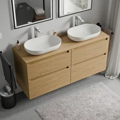 Bernstein Meuble sous vasque suspendu MDF Chêne miel, plan vasque Chêne miel, tiroirs pivotants - 140x46x62cm - VIREO