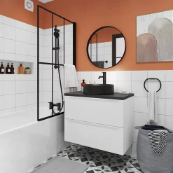 Meuble Buanderie|GoodHome Meuble sous vasque suspendu blanc mat l.80 x H.60 x P.45 cm, Imandra