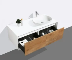 Bernstein Meuble sous vasque suspendu MDF Blanc mat, 2 tiroirs façade Aspect chêne - 120x40x55cm - Fiona 1200