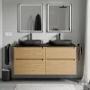 Bernstein Meuble sous vasque suspendu MDF Chêne miel, plan vasque Noir mat, tiroirs pivotants - 140x46x62cm - VIREO