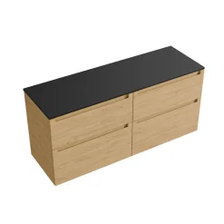 Bernstein Meuble sous vasque suspendu MDF Chêne miel, plan vasque Noir mat, tiroirs pivotants - 140x46x62cm - VIREO