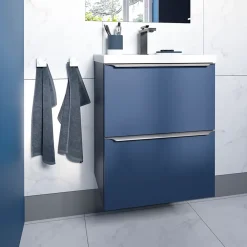 Meuble Buanderie|GoodHome Meuble sous vasque suspendu faible profondeur bleu nuit mat l.50 x H.60 x P.36 cm, Imandra