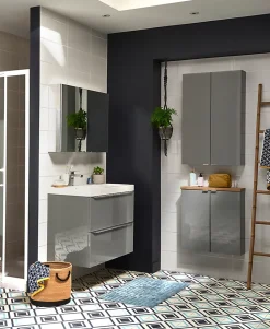 Meuble Buanderie|Meuble Sous-Vasque|GoodHome Meuble sous vasque suspendu gris brillant l.80 x H.60 x P.45 cm, Imandra